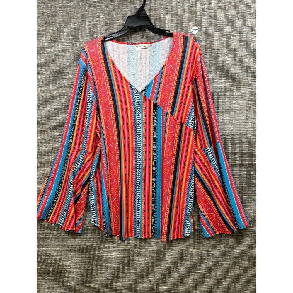 Southern Shirt Blouse Womens XL Multicolor Stripe Bell Sleeve Tunic Top Boho